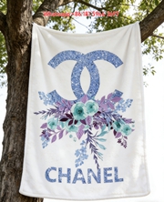 Chanel Blue Glitter CC Logo & Floral Print Flannel Sofa Throw Blanket IMG_7029